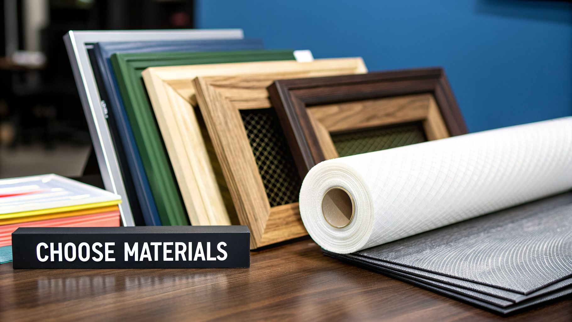 A display of various screen materials and frame samples, including a roll of mesh and a 'CHOOSE MATERIALS' sign.