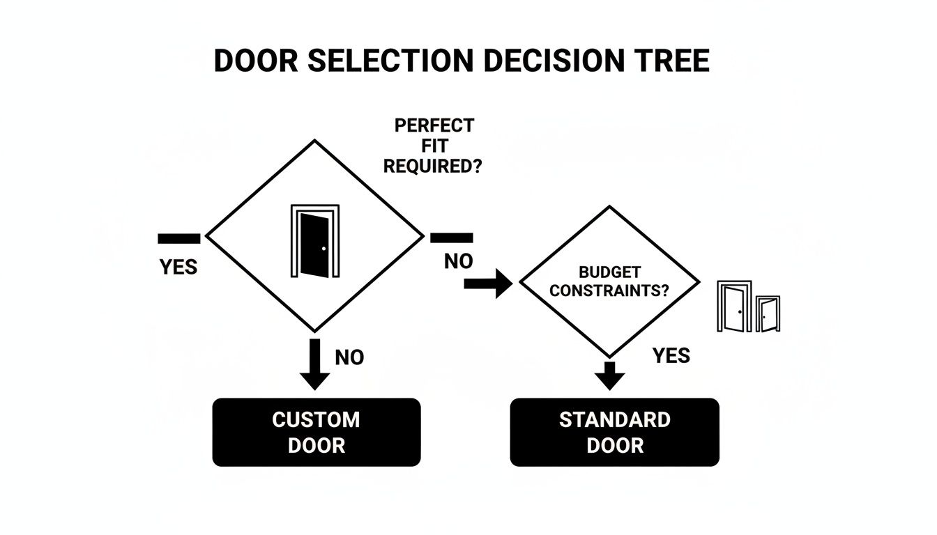 A decision tree flow chart for door selection, showing paths to custom or standard doors based on fit and budget.