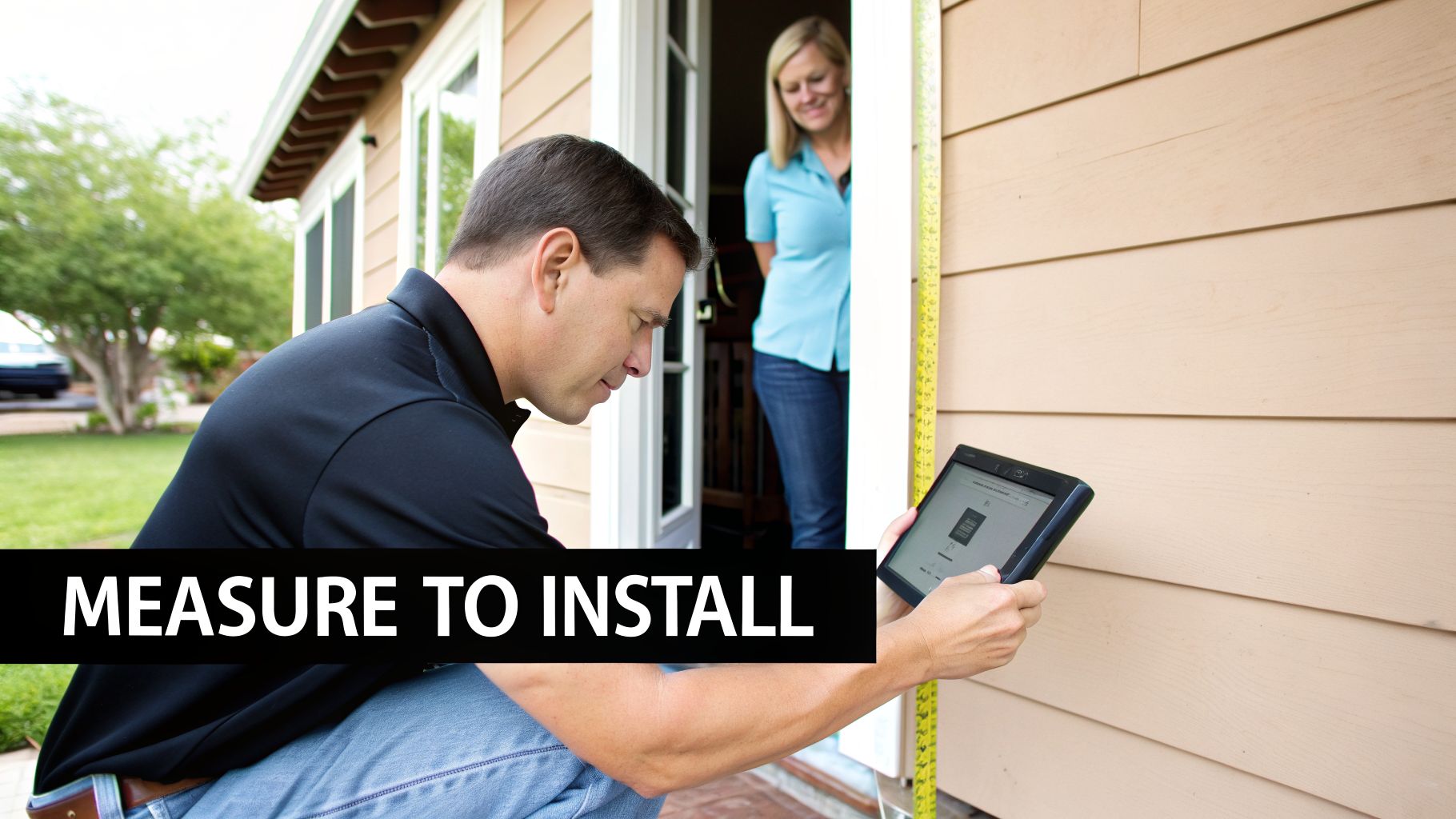 A man measures a doorway with a yellow tape measure, looking at a tablet, as a woman watches.