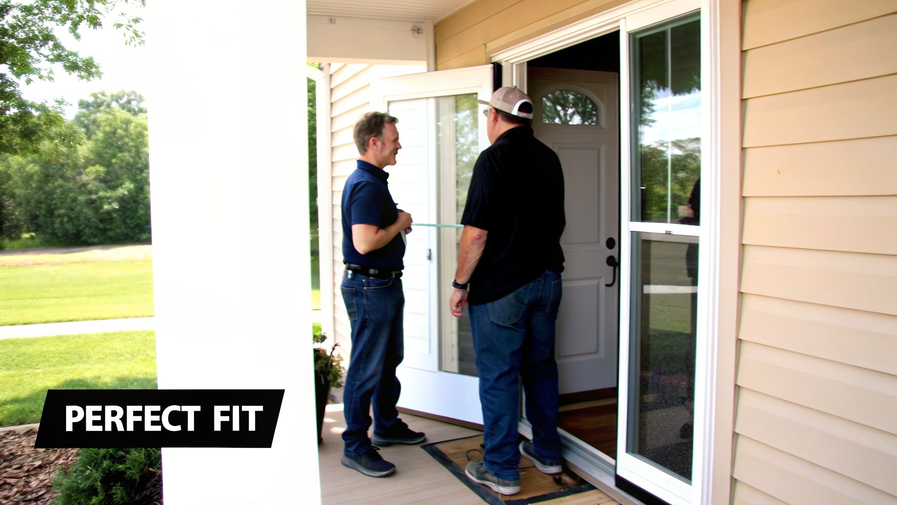 Two men discuss a custom screen door installation on a residential porch, ensuring a perfect fit.