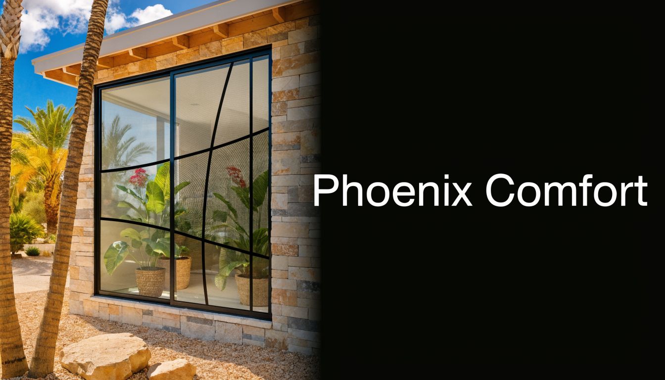 A modern home exterior with decorative custom window screens featuring curved black metal grilles on a stone wall.