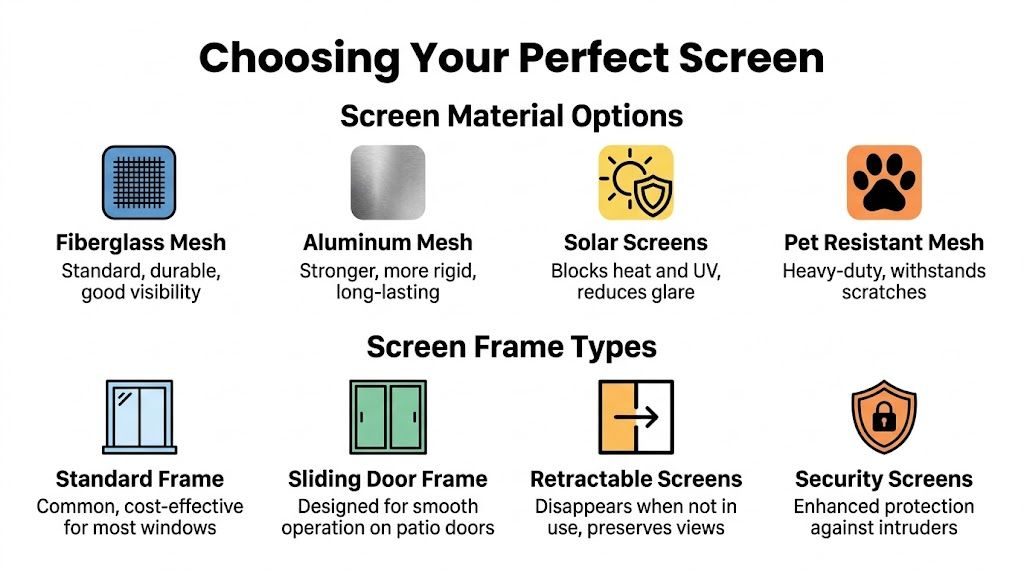 An infographic showing various screen material options and frame types for windows and sliding patio doors.