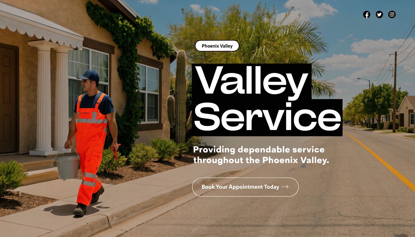 A service worker in neon orange coveralls walking past a suburban home with window screens.