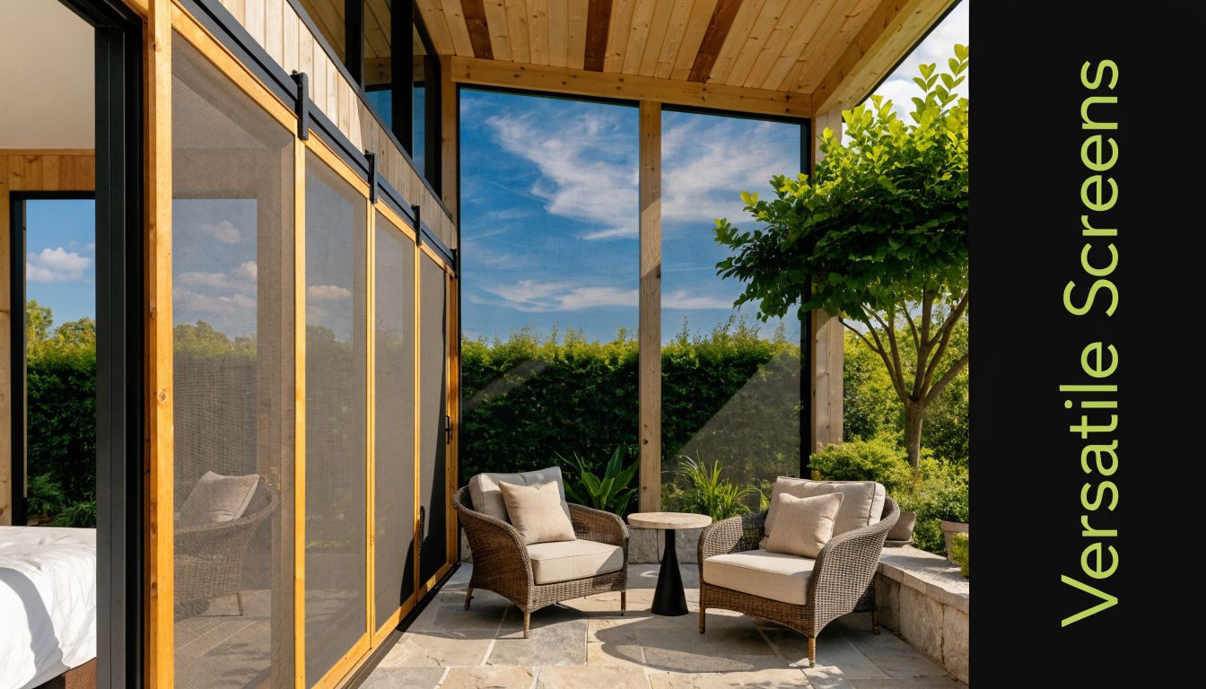 A modern patio featuring versatile sliding screen doors that provide a seamless transition to the outdoor space.