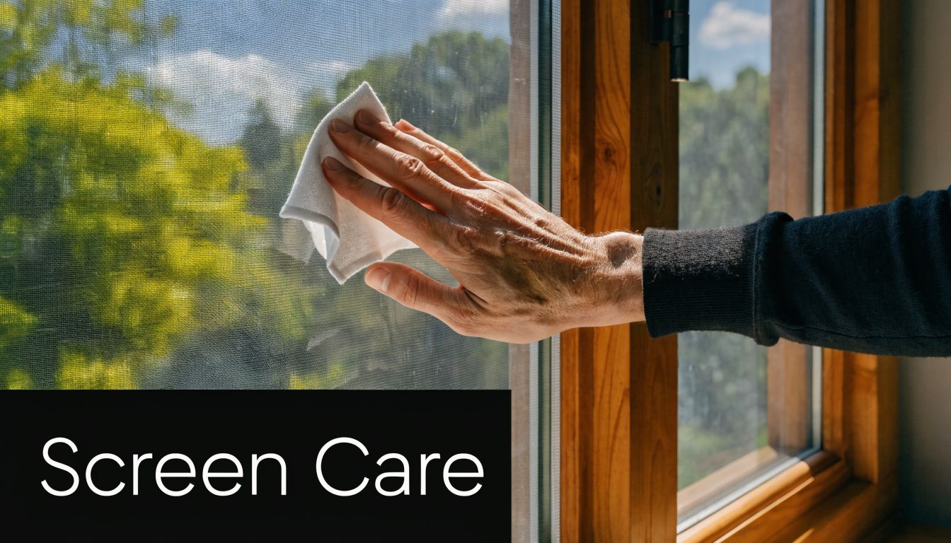 A person wiping a custom window screen with a white cloth to perform regular maintenance cleaning.