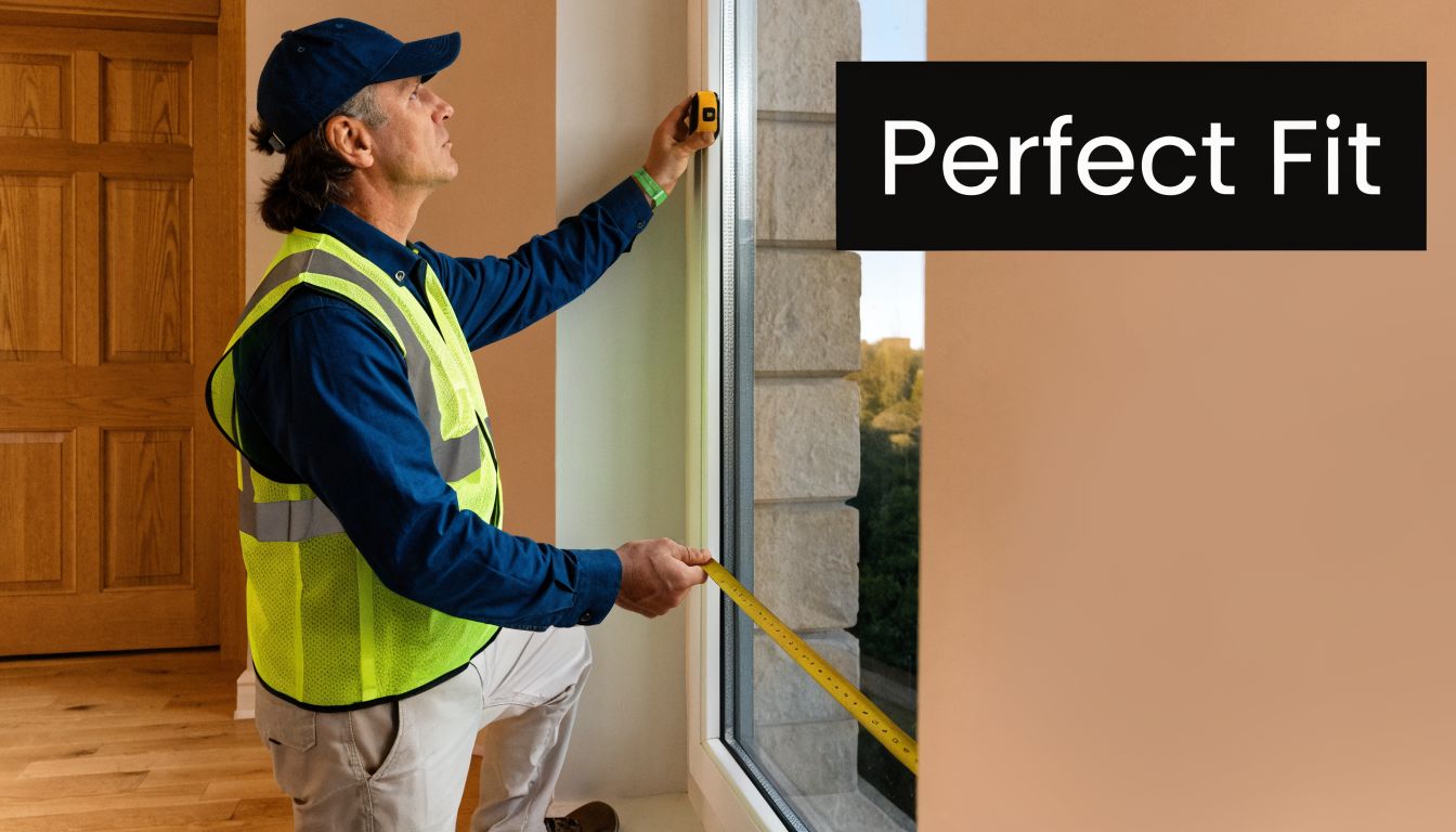 A professional worker in a safety vest measuring a window frame for a precise installation.