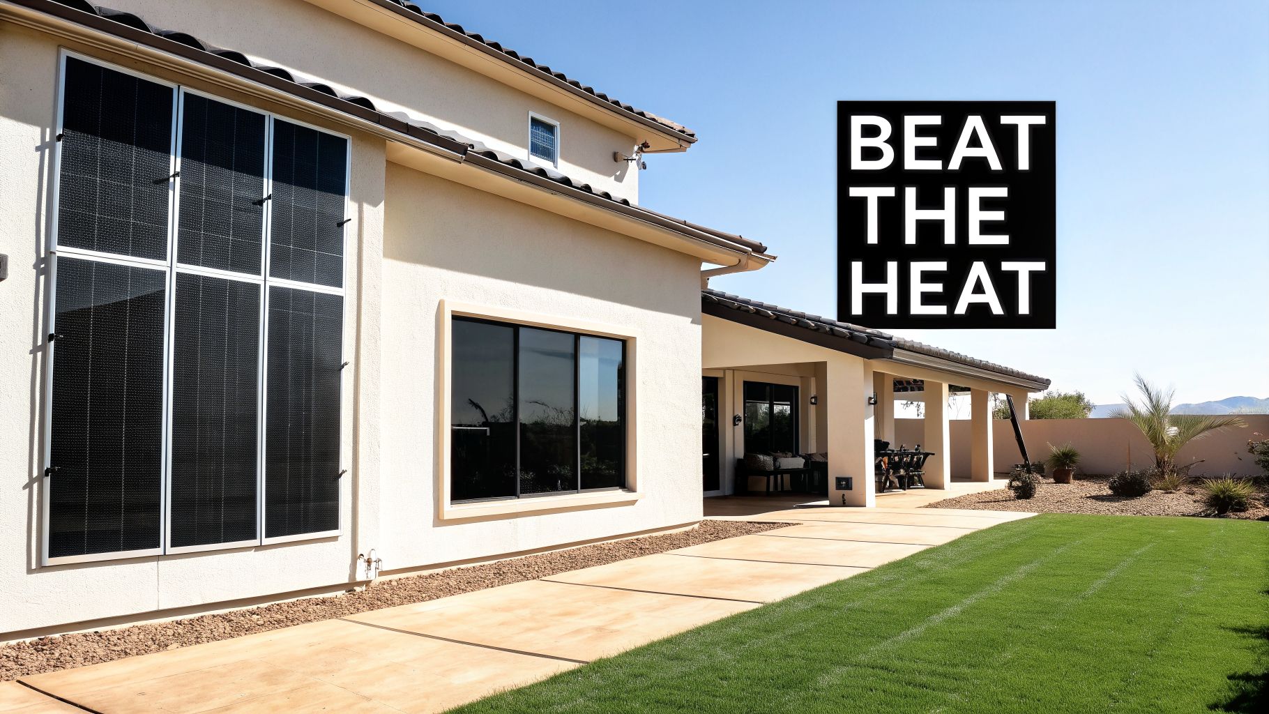 Modern house with dark window screens on a sunny day, featuring a patio and green lawn.