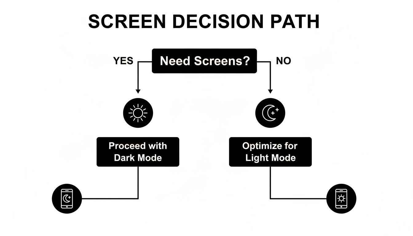 A decision path flowchart asking 'Need Screens?', guiding to 'Dark Mode' or 'Light Mode' optimization.
