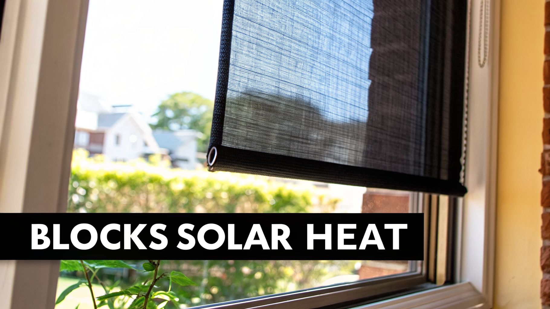 A dark roller shade partially covering a window, with text 'BLOCKS SOLAR HEAT' overlaid.