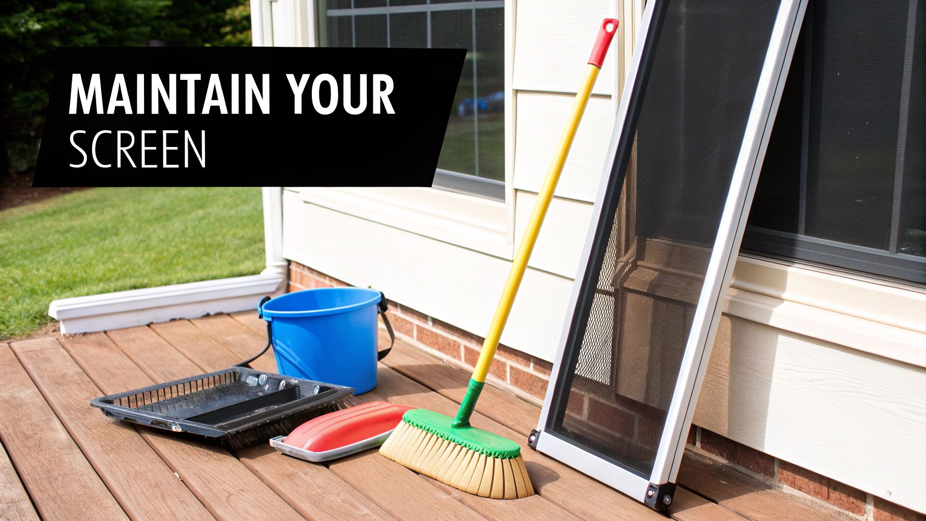 A person gently cleaning a porch screen with a soft brush and soapy water.