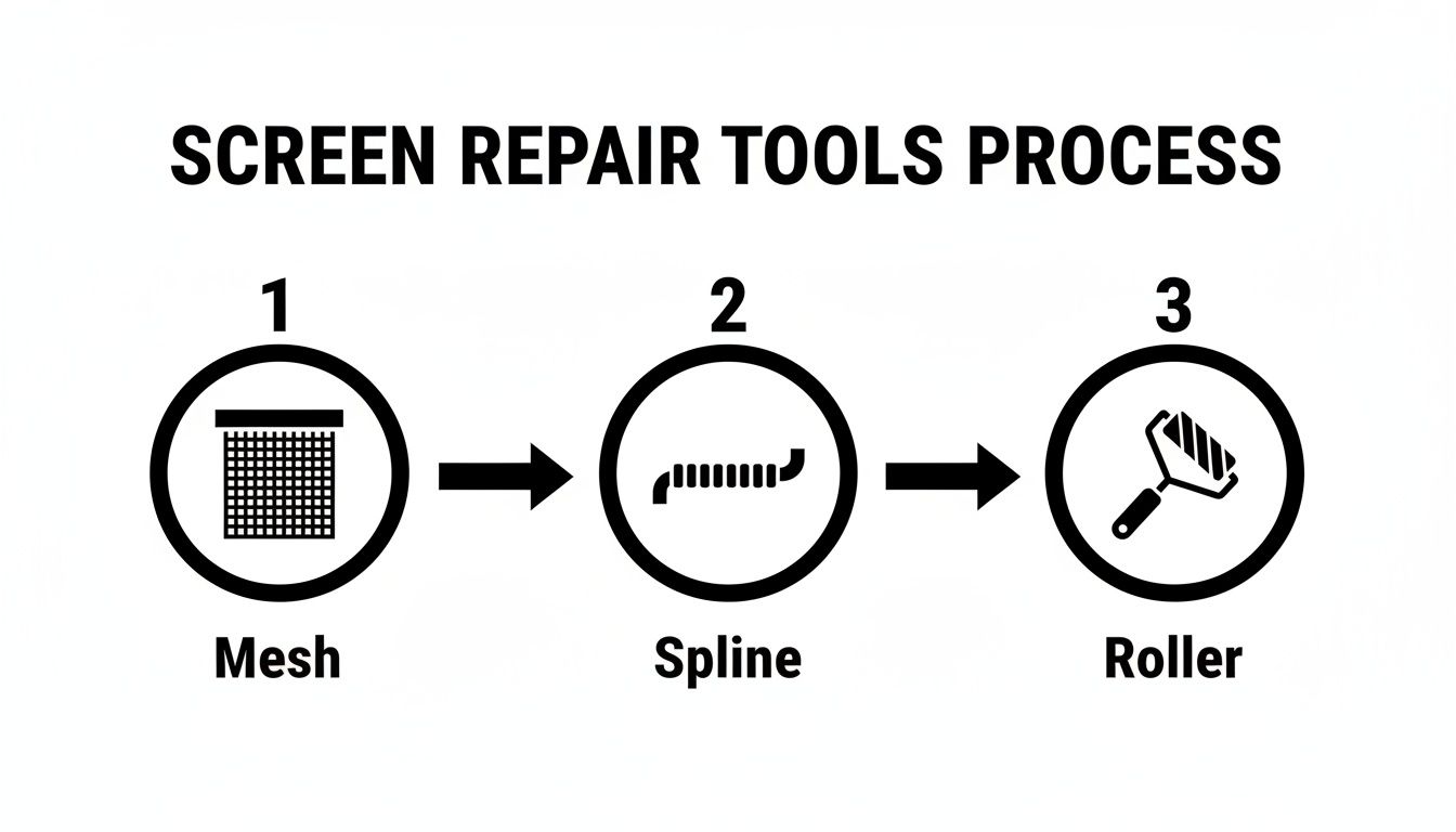 A three-step process for screen repair, showing icons for mesh, spline, and a roller.