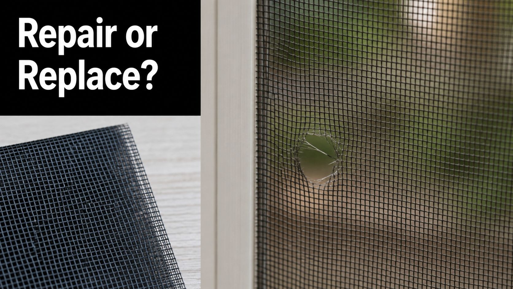 A close up view of a damaged window mesh screen next to a new replacement mesh fabric.