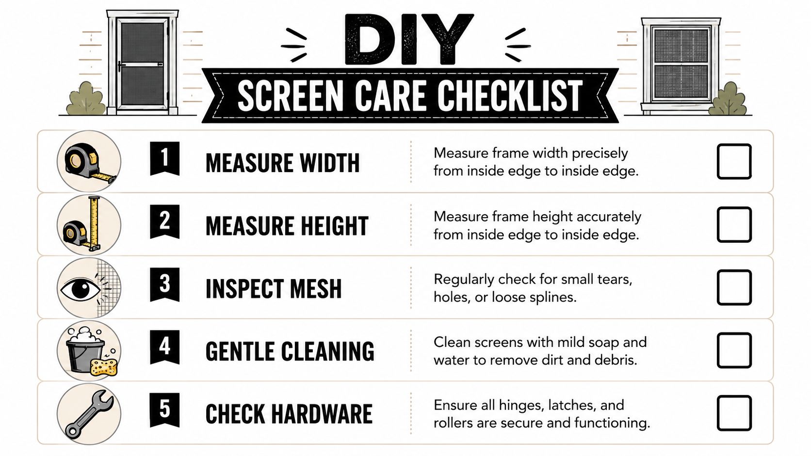 A DIY screen care checklist graphic featuring five essential steps for measuring, inspecting, and cleaning window and door screens.