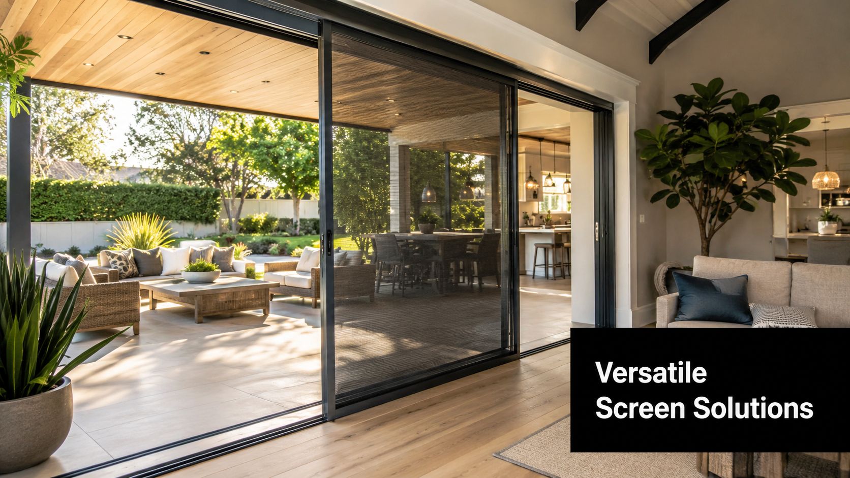 A modern indoor-outdoor living area featuring large sliding door bug screens opening to a furnished patio.
