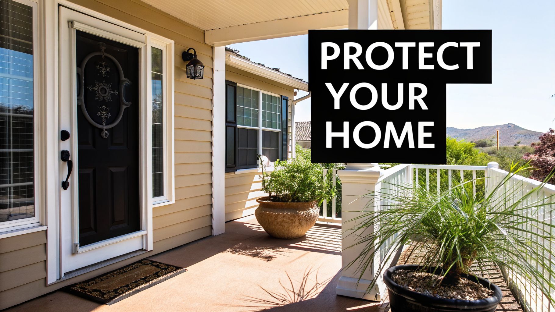 A black front door and a welcoming porch with potted plants, with an overlaid 'Protect Your Home' message.