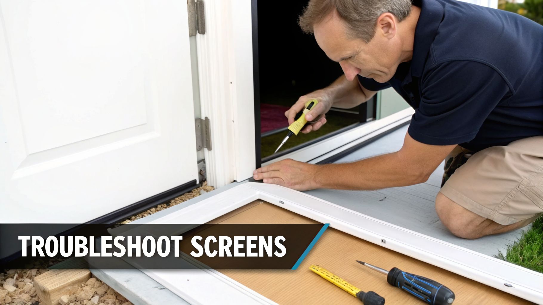 A man carefully repairs a white door screen frame with tools, kneeling outside a house.