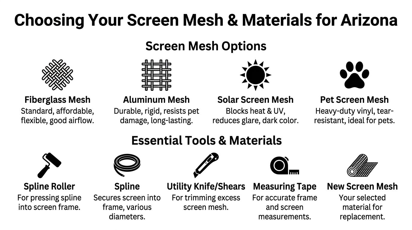 A guide illustrating various screen mesh options and essential tools for door and window screen replacement.