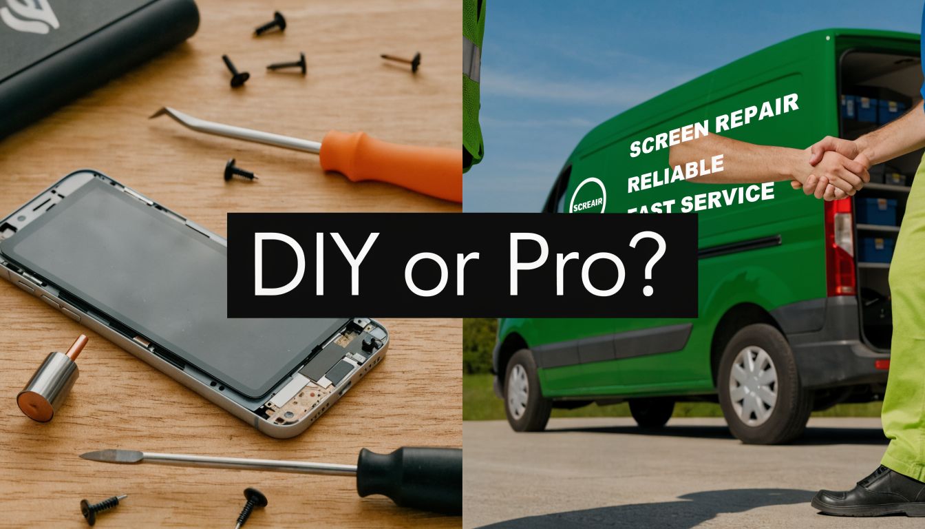 A split screen comparing DIY mobile phone repair tools and a professional screen repair service vehicle.