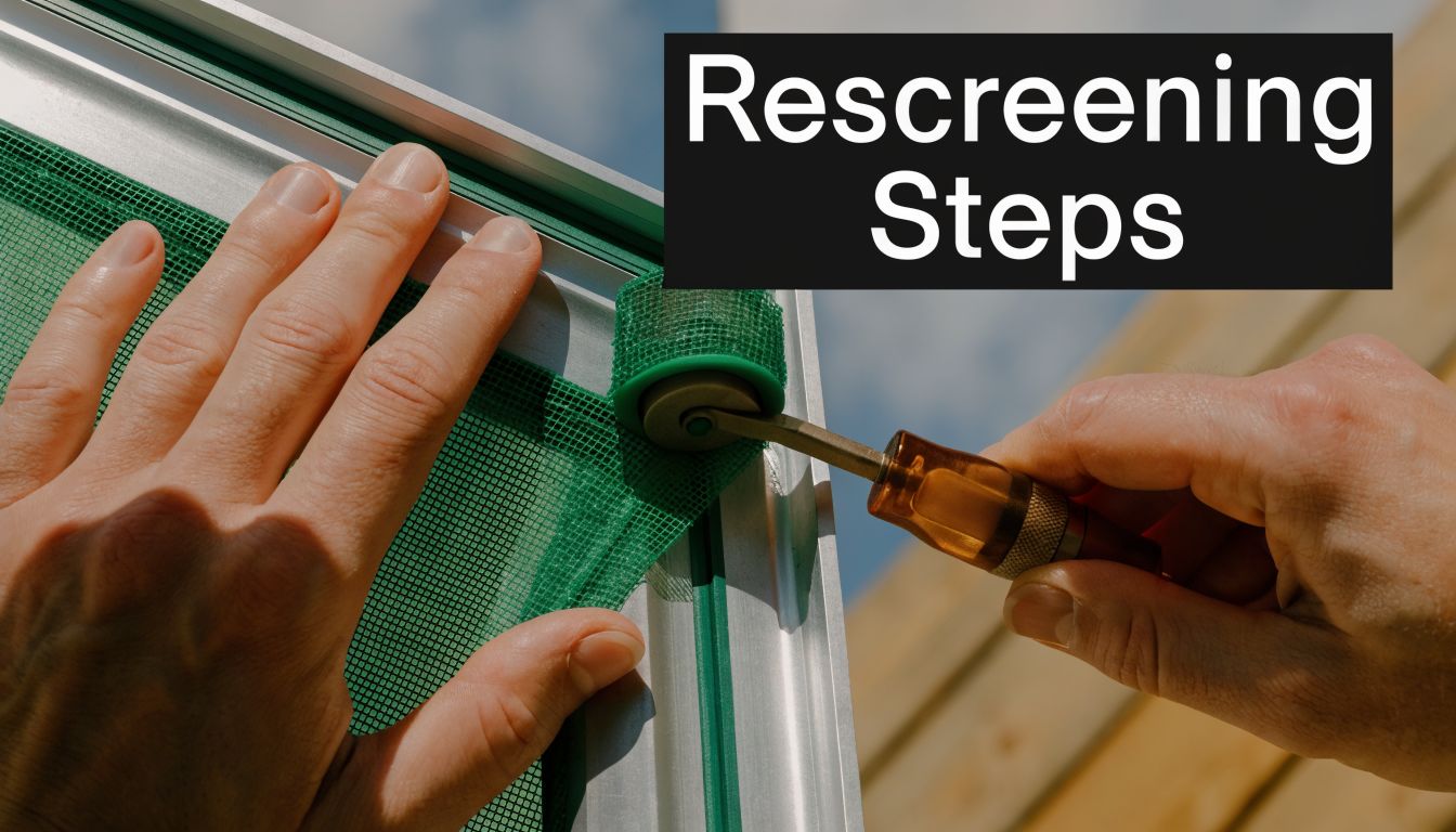 A close up view of a person using a spline roller tool to install new green screen mesh.