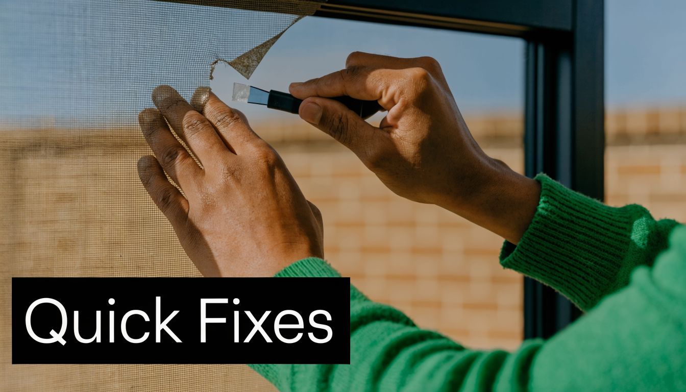 A person using a tool to repair a tear in a window screen mesh.