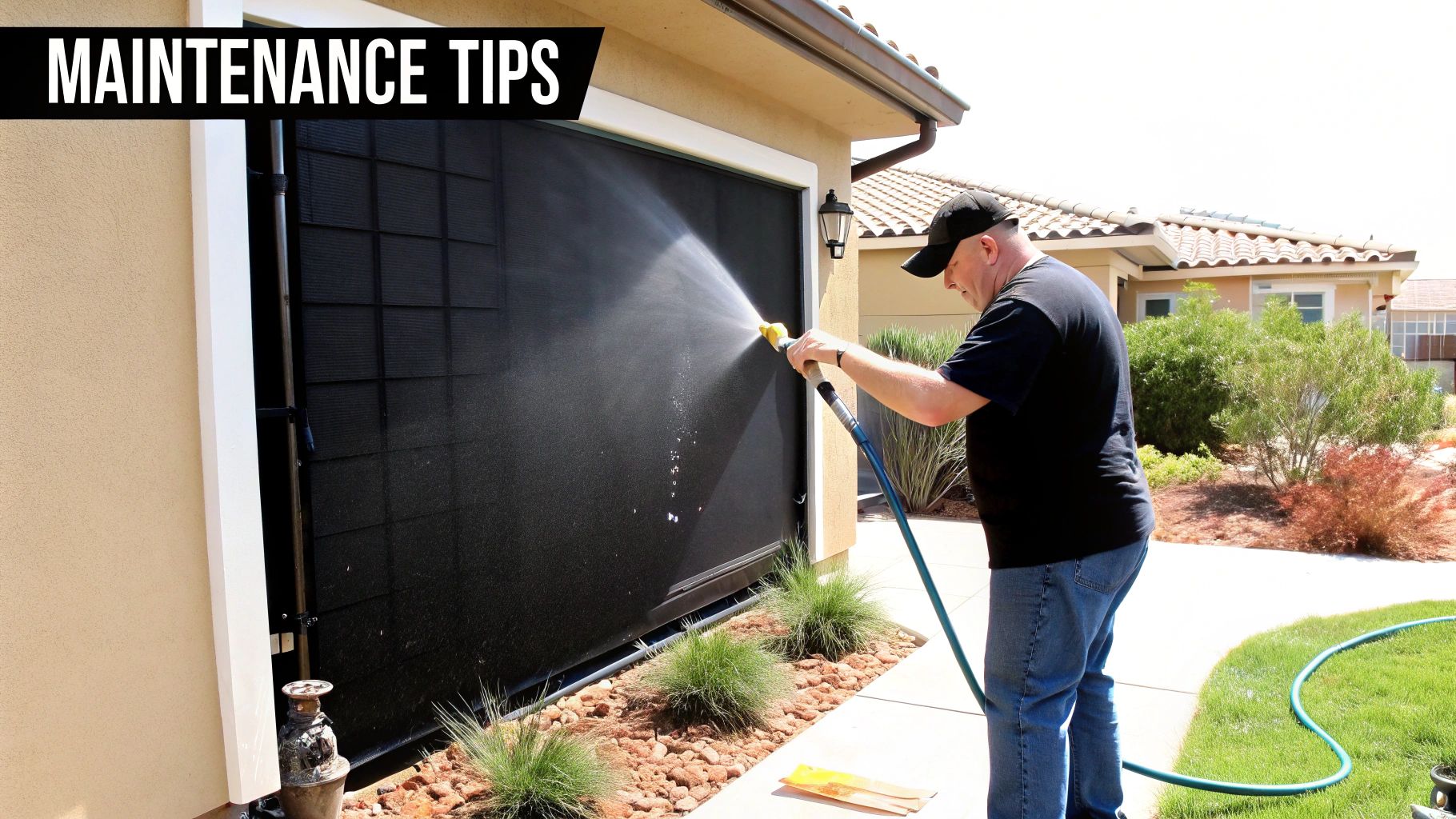 A man sprays water on a large black patio screen on a house, performing outdoor maintenance.