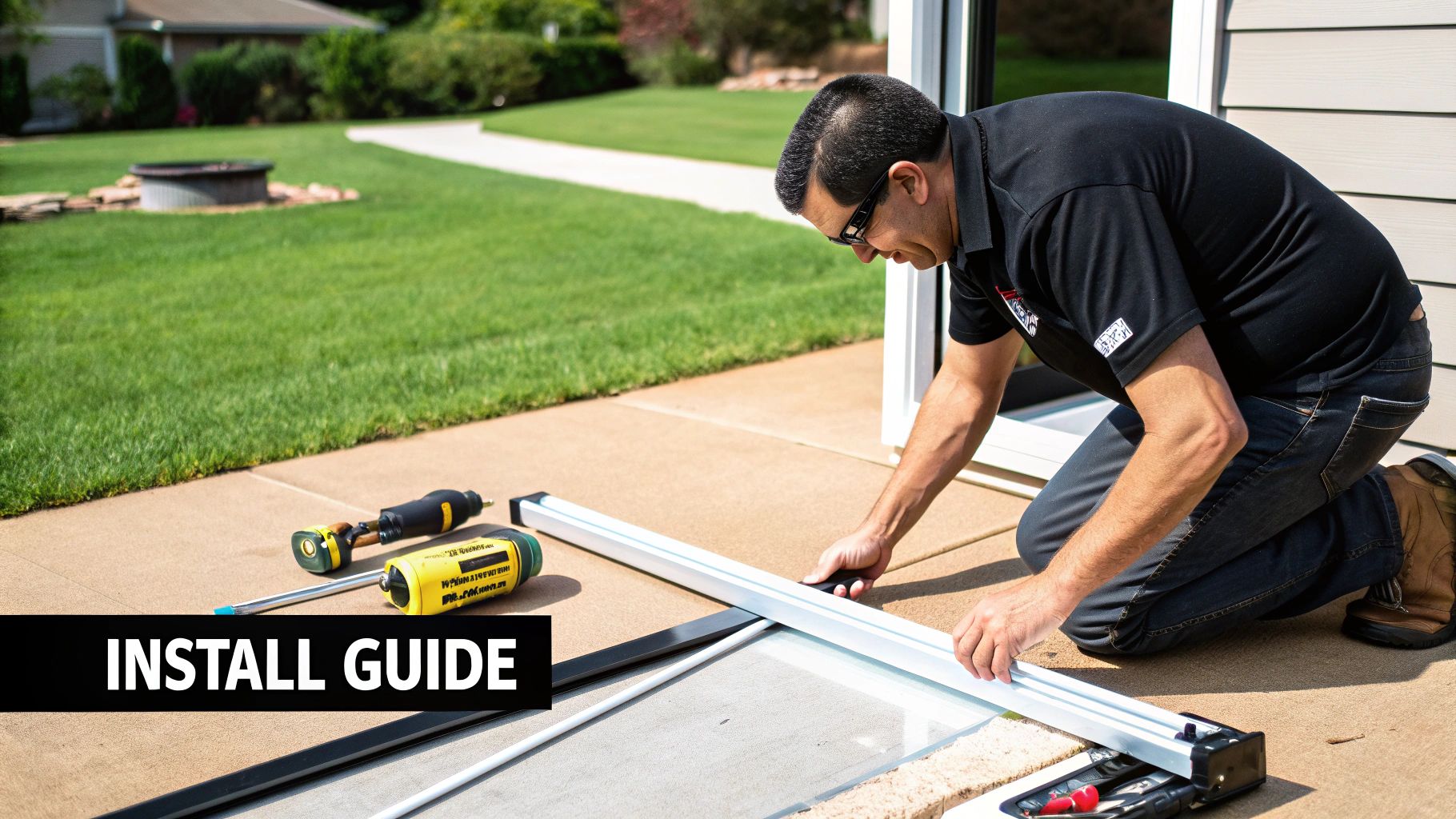A man kneeling on a patio installing a screen with tools, following an install guide.
