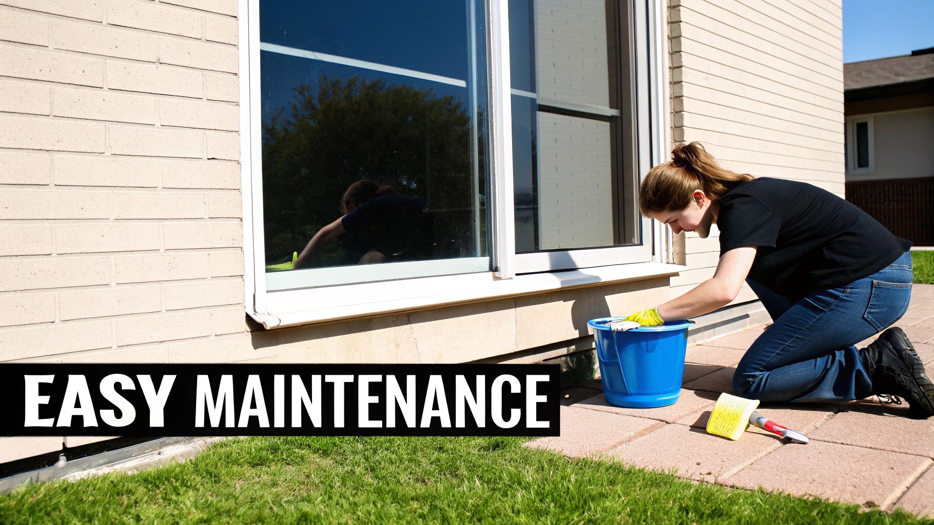 A woman in yellow gloves kneels to clean an exterior house window with a blue bucket.