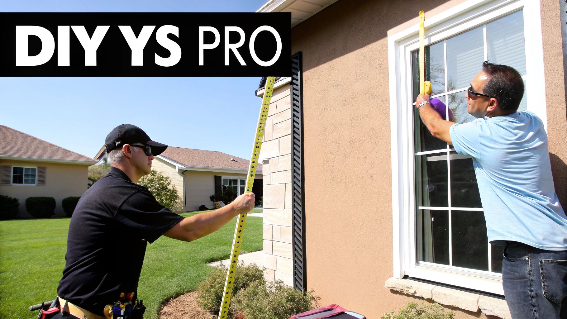 Two men using a long tape measure to take measurements of a house window and its exterior.