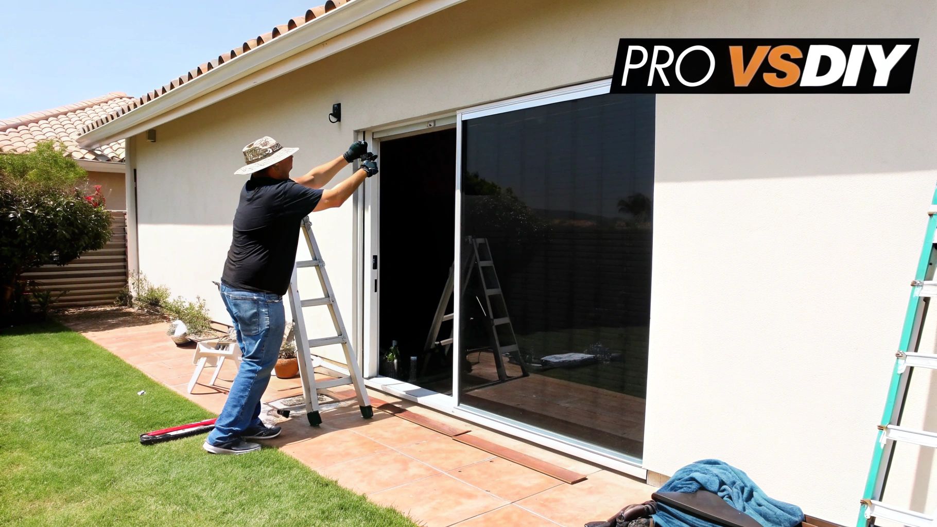 A man on a ladder installs an exterior screen on a sliding glass door on a sunny day.