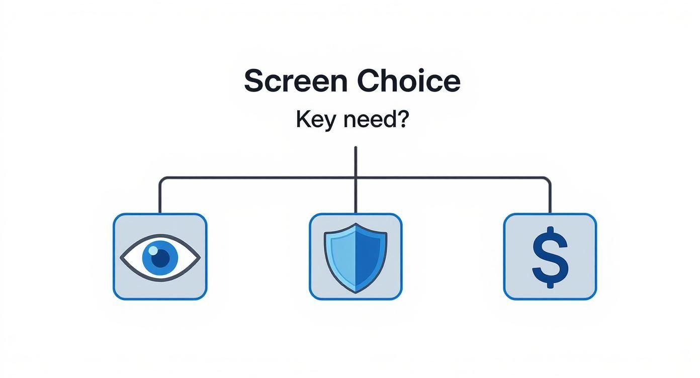 A decision tree diagram titled 'Screen Choice' for key needs: vision, security, and cost.