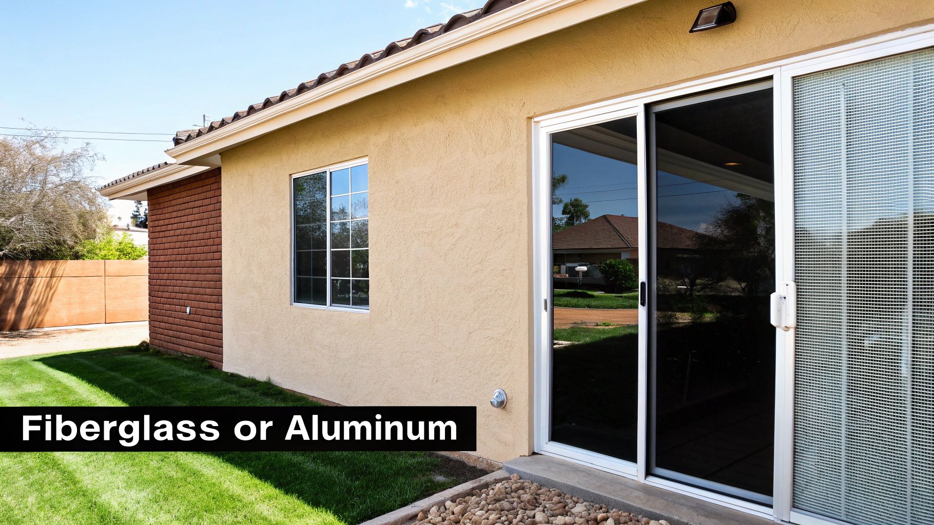 Exterior view of a house with a stucco wall, a window, and a white sliding glass door.