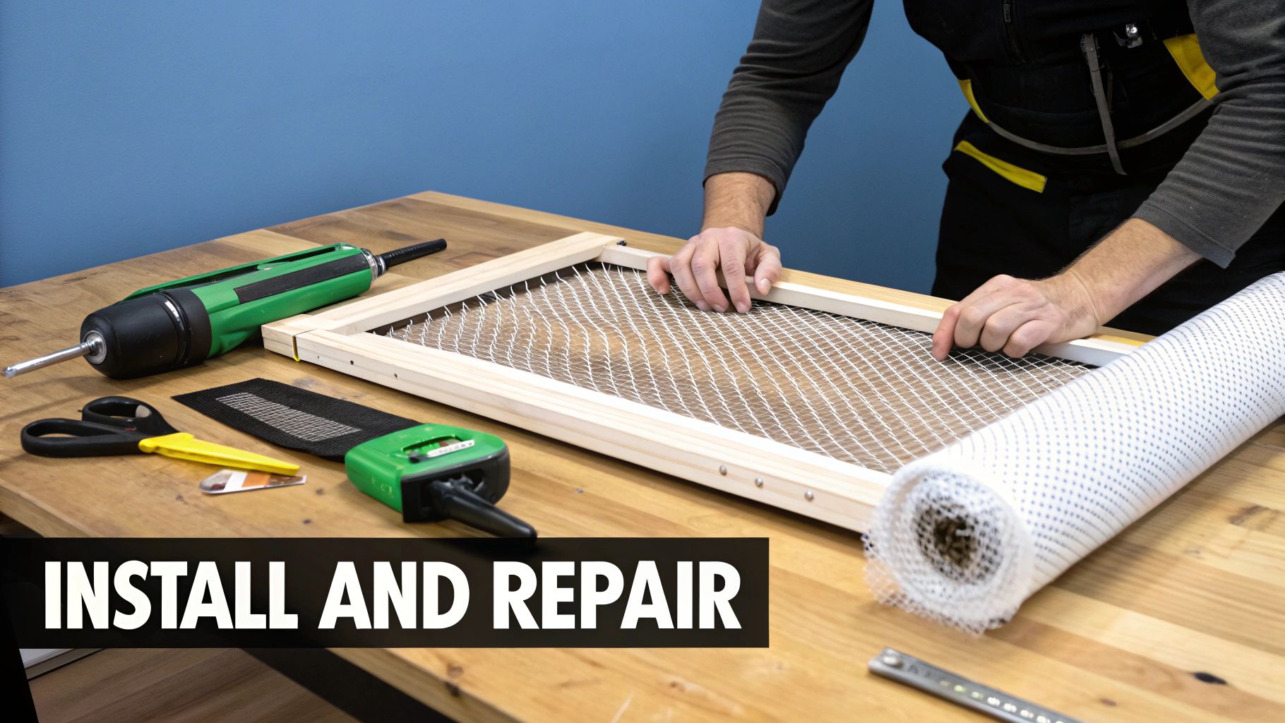 Hands installing new white mesh into a wooden screen frame, with tools and a roll of material.
