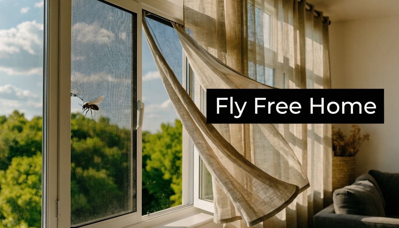 An open window with a protective screen mesh preventing a large bee from entering the room.