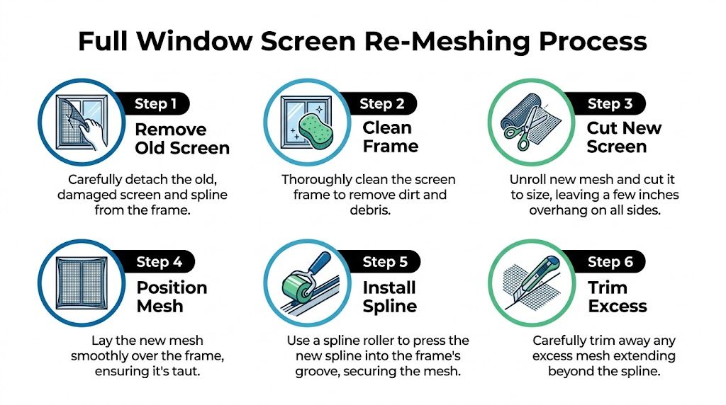 An infographic detailing the six-step process for replacing and re-meshing a damaged window screen frame.