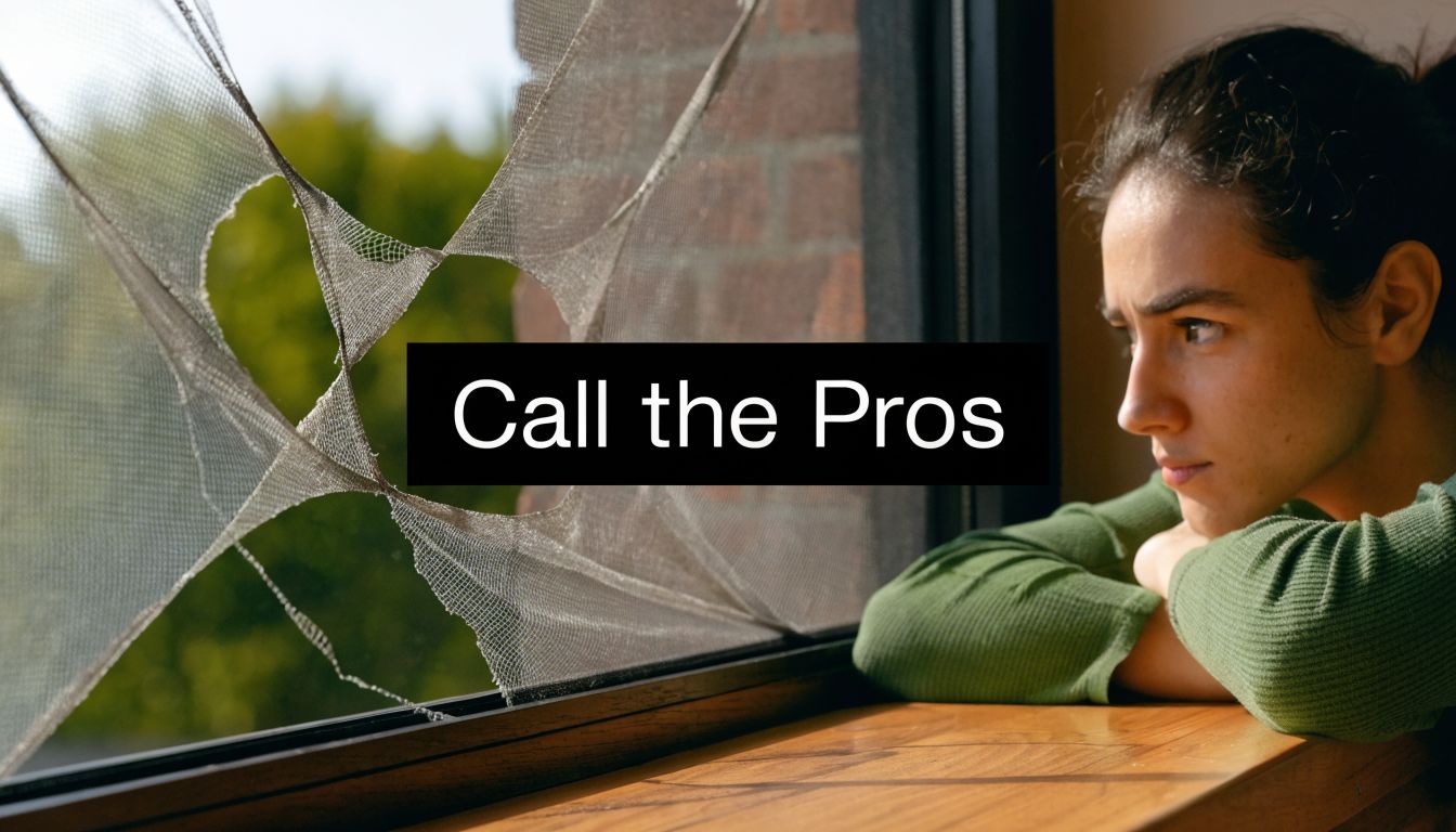 A concerned woman looking at a severely damaged and torn window screen needing professional repair services.
