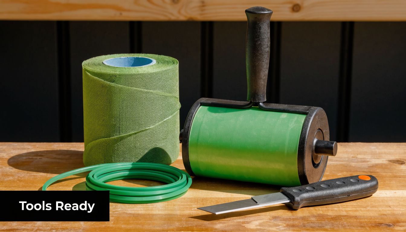 Tools for window screen repair, including a spline roller, green screening mesh, rubber spline, and a utility knife.