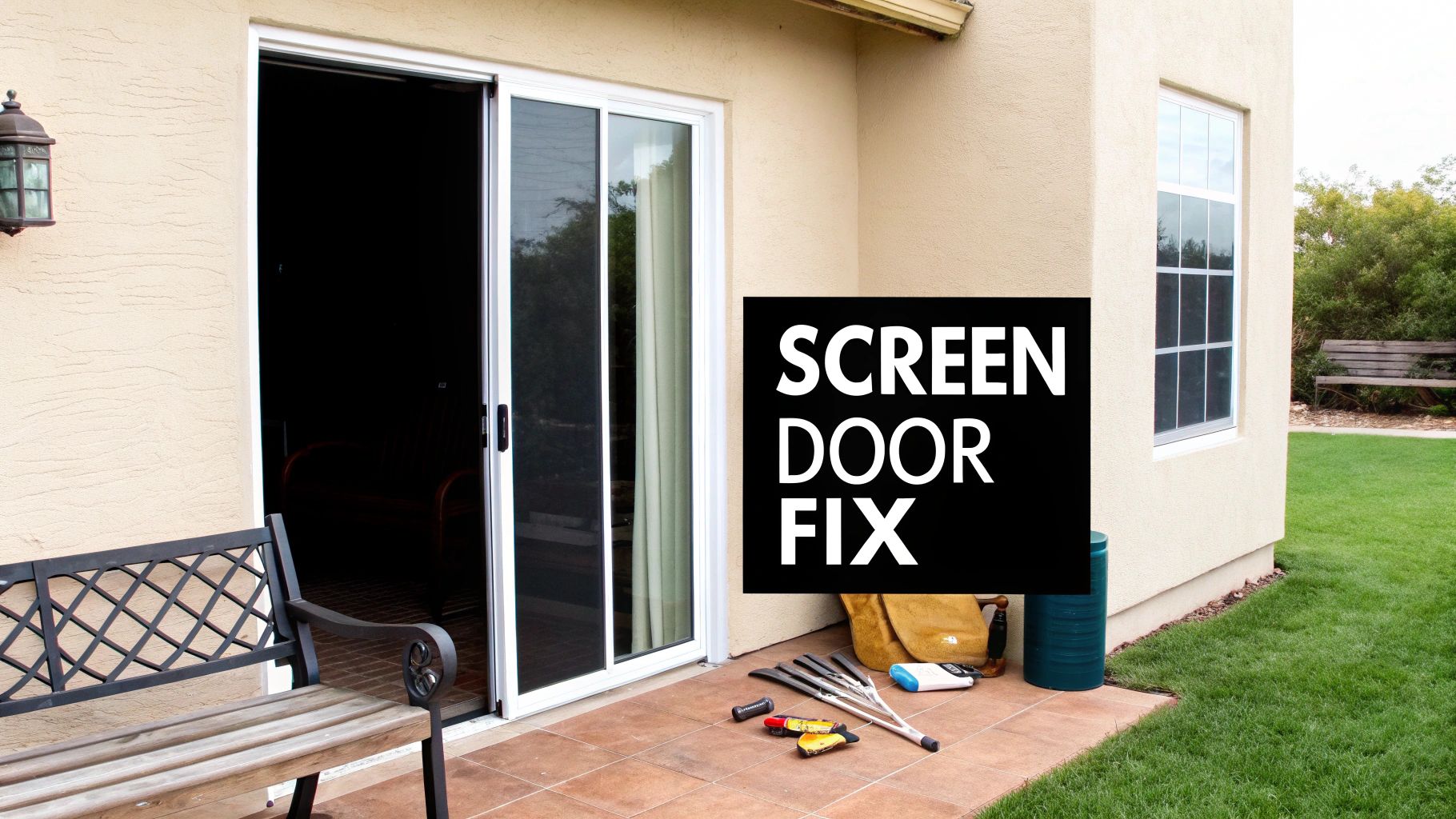 Tools are laid out on a patio floor next to an open sliding screen door, ready for repair.