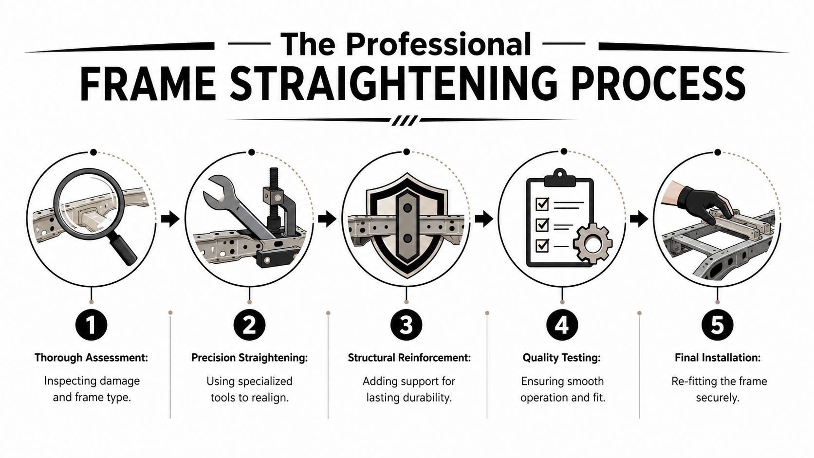 An infographic detailing the five steps of the professional car frame straightening and repair process.