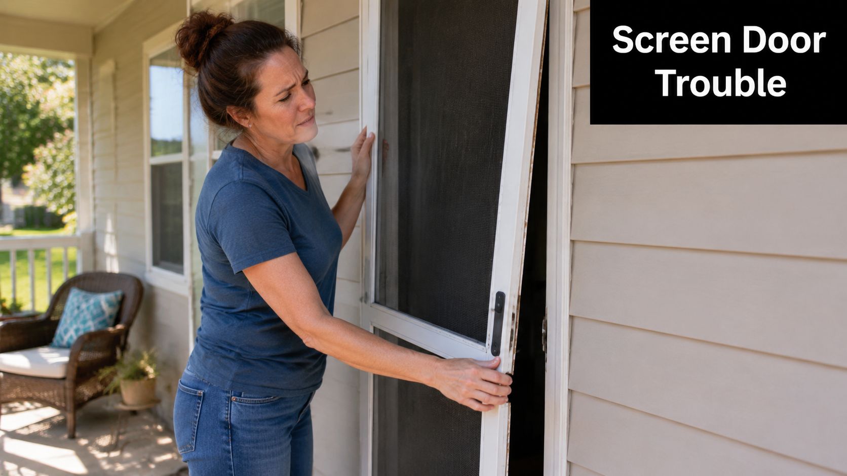 A concerned woman examining a damaged white screen door frame while standing on a suburban porch.