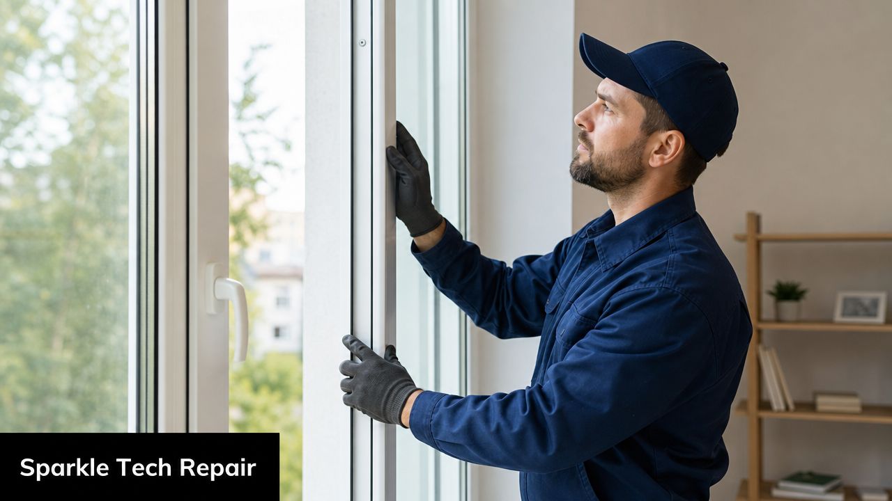 A professional technician in a blue uniform and gloves adjusting a modern window frame for repair.