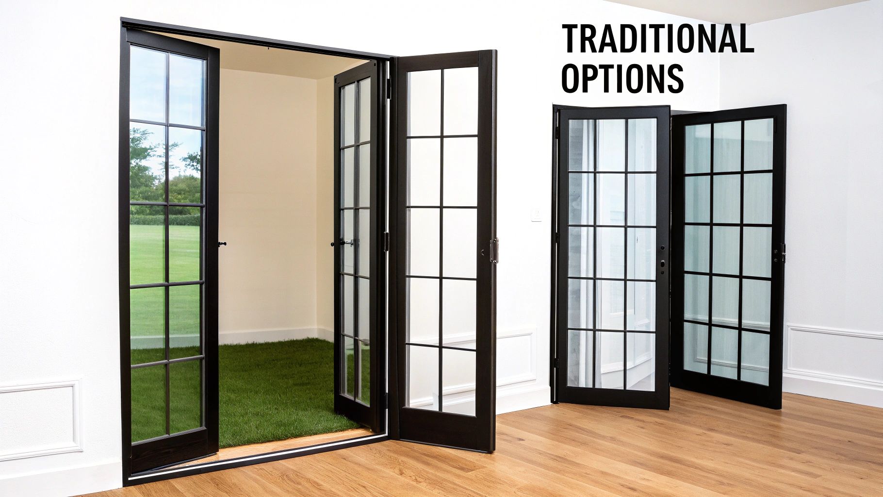 Several traditional black French doors with glass panes, open to a room with artificial grass and an outdoor view.