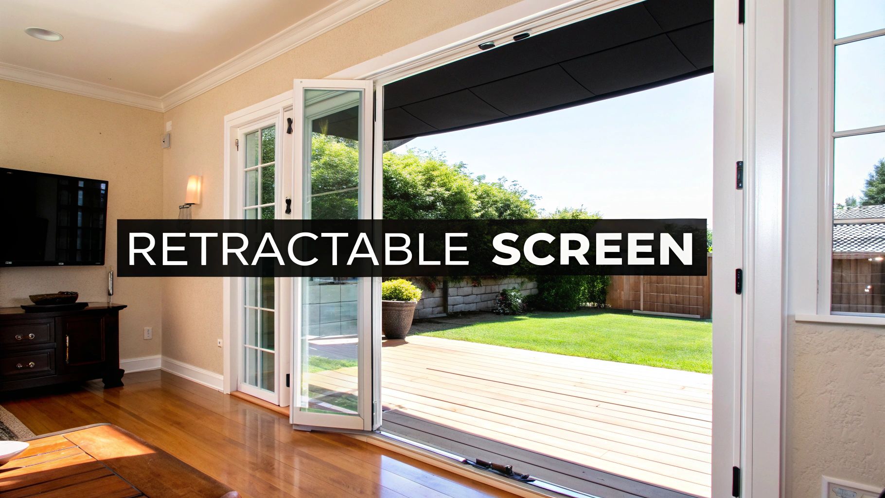 Open French doors with a black retractable screen, leading to a wooden deck and green backyard.