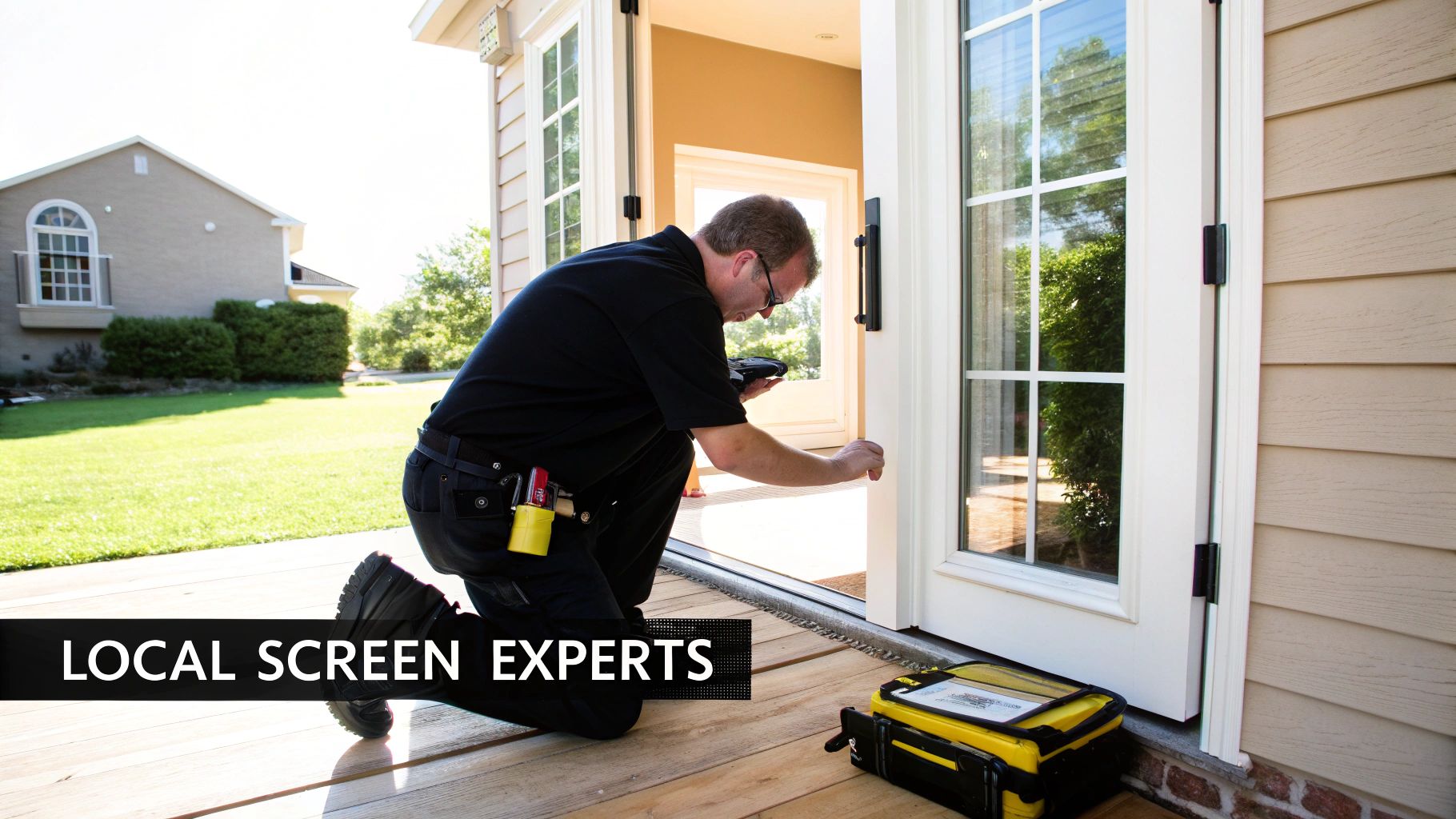 Local screen expert kneeling on a deck, installing a new screen on a white French door.
