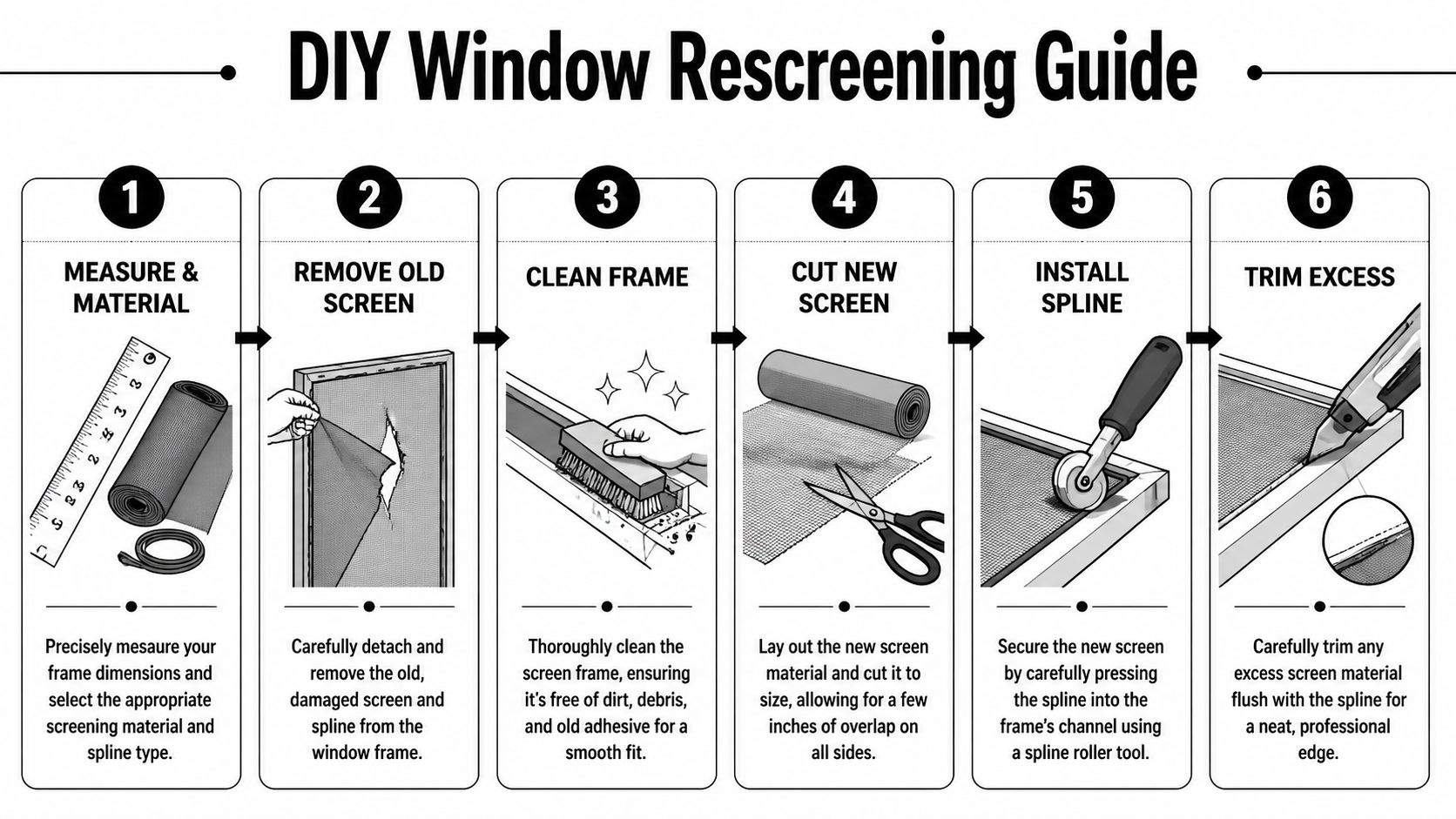 An infographic detailing the six-step process for a DIY window rescreening project at home.