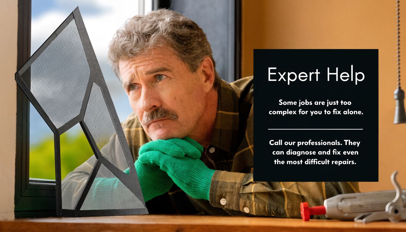 A man wearing green gloves looking thoughtfully at a broken window screen while considering professional help.