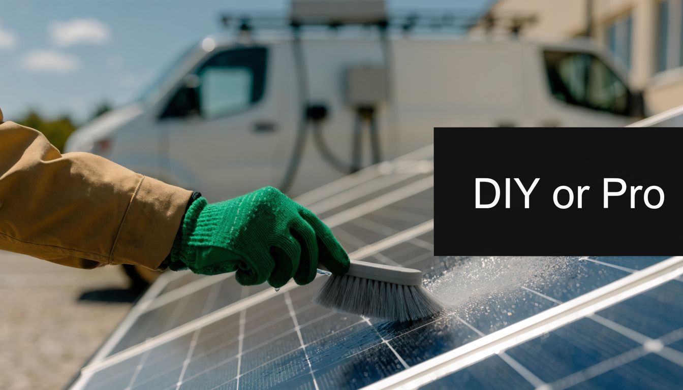 A gloved hand cleaning solar panels with a soft brush, deciding between DIY or professional maintenance service.
