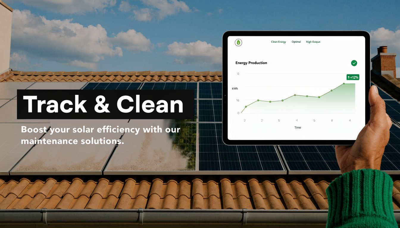 A hand holding a tablet displaying solar energy production data in front of rooftop solar panels.
