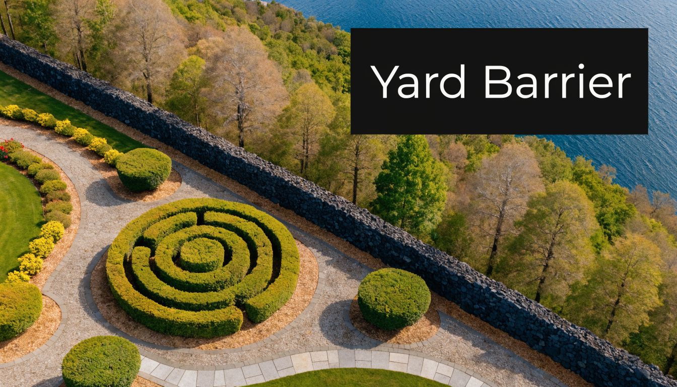 A scenic aerial view of a manicured circular hedge maze in a garden with a stone barrier.