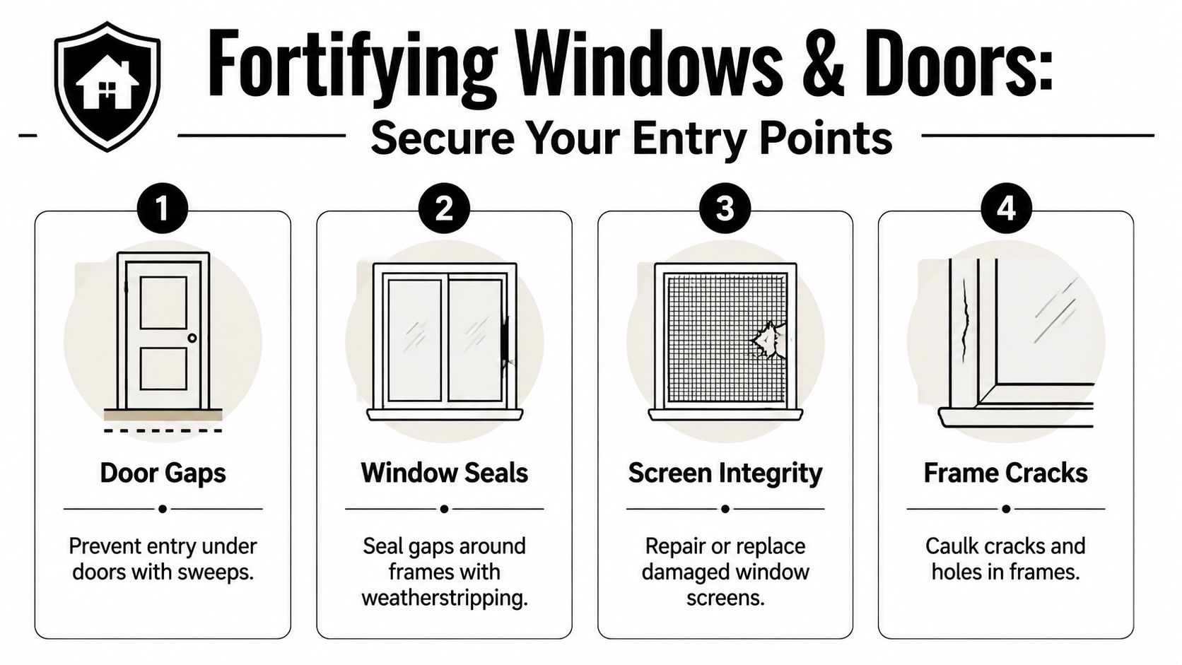 A diagram illustrating four steps to fortify doors and windows, including sealing gaps and repairing screens.