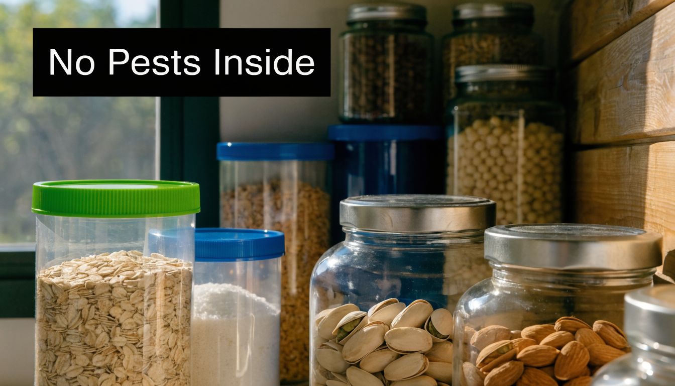 Clear glass jars with airtight lids store dry food goods like oats, sugar, nuts, and legumes.
